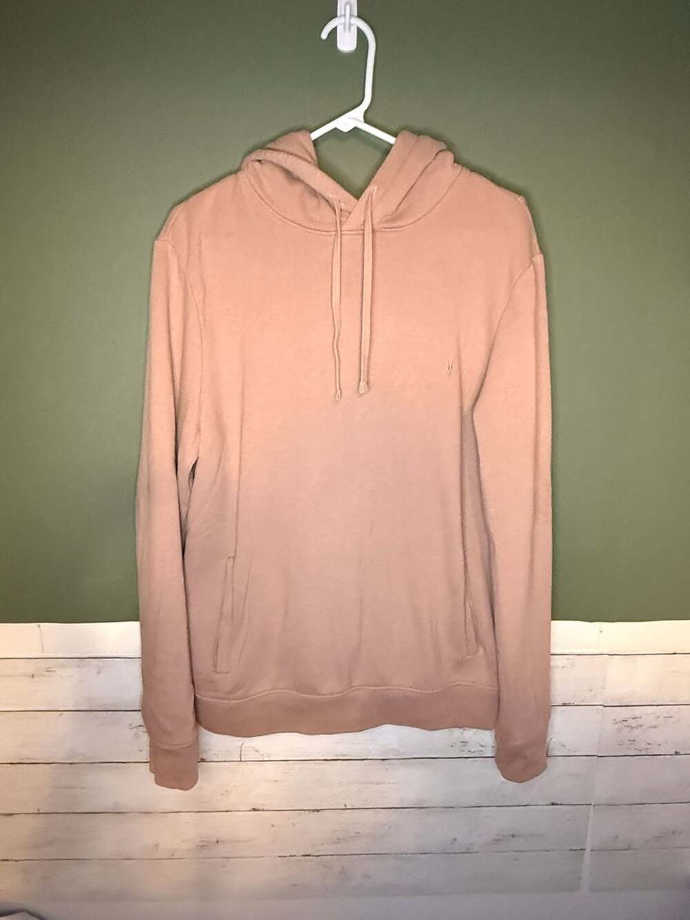 AllSaints Mens Raven Pullover Hoodie Dusty Rose Pink Ramskull Logo Size Large
